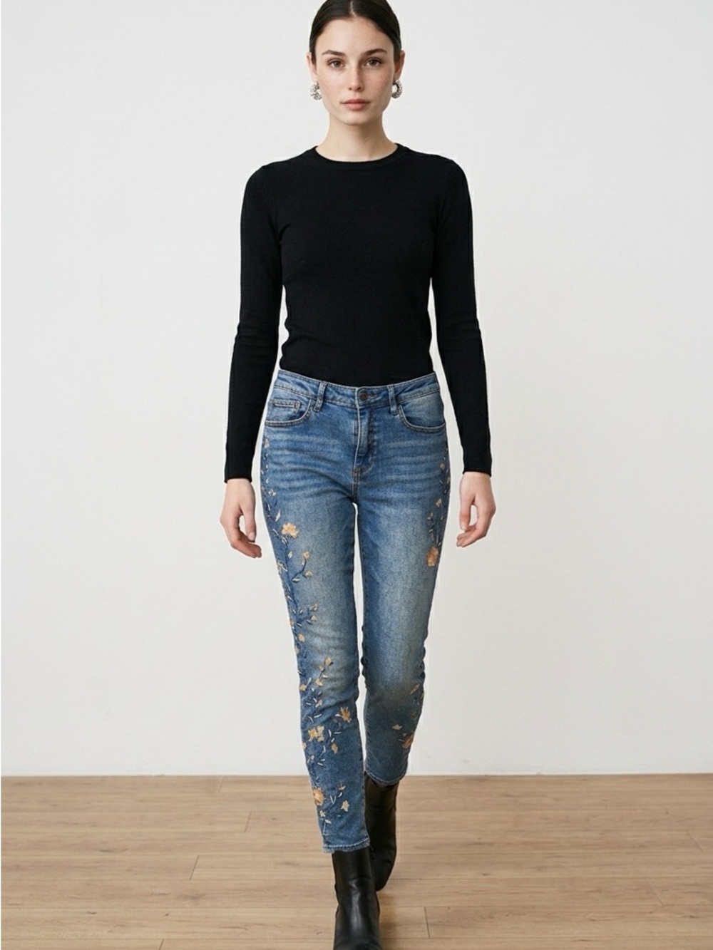DRIFTWOOD Floral Embroidered Skinny Jeans in Blue